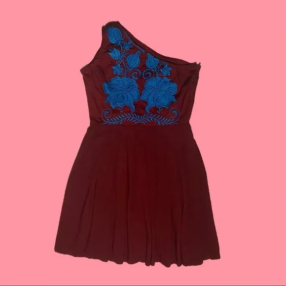 Dresses | Womans Mexican Style Blue Embroidered One Shoulder Strap Red Dress  Handmade | Poshmark